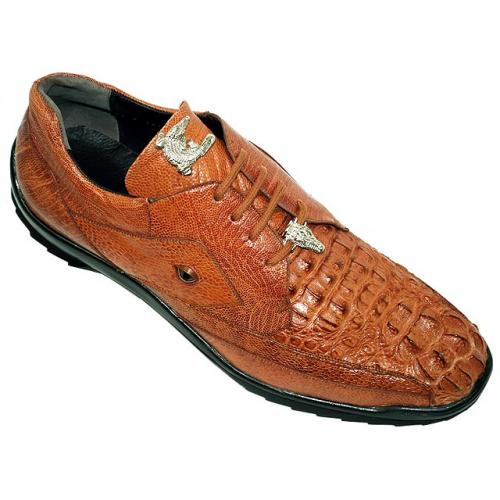 La Scarpa "Hector" Cognac Genuine Hornback Crocodile And Ostrich Leg Casual Sneakers With Silver Alligator On Front